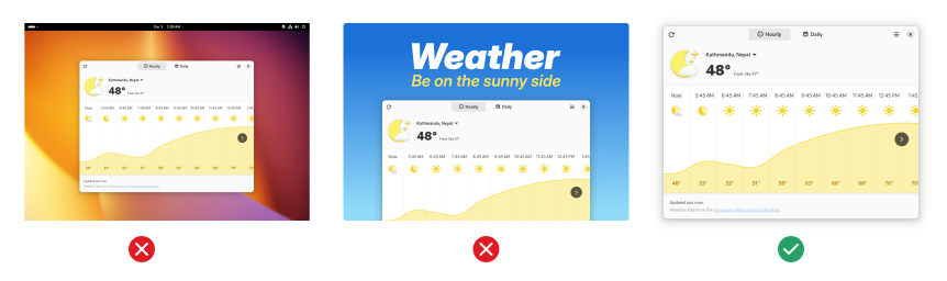 Examples of a screenshot that includes the entire desktop with the window, one that has promotional graphics, and one that&#39;s a standalone window.